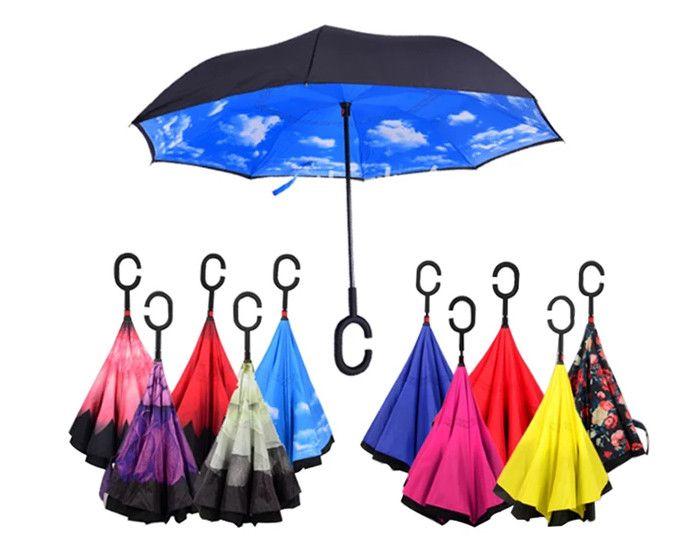 Double Layer Inverted Reversible No Drip Umbrella with C-Shape Handle