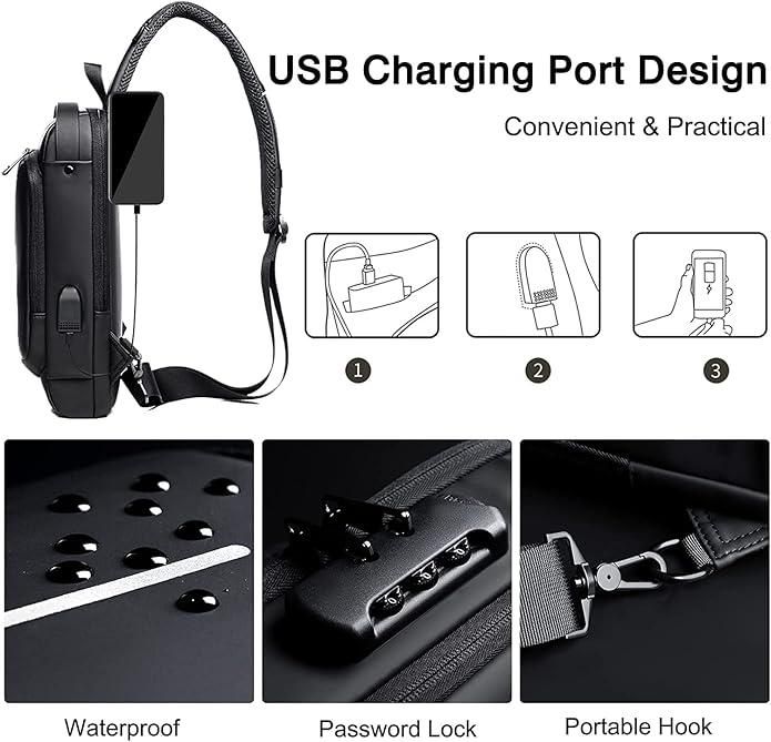 Anti-Theft Crossbody Sling Bag with USB Charging Port – Waterproof, Unisex, and Multifunctional