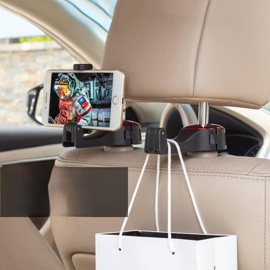 Car Seat Back Hooks with Phone Holder - 360° Rotatable, Easy Installation