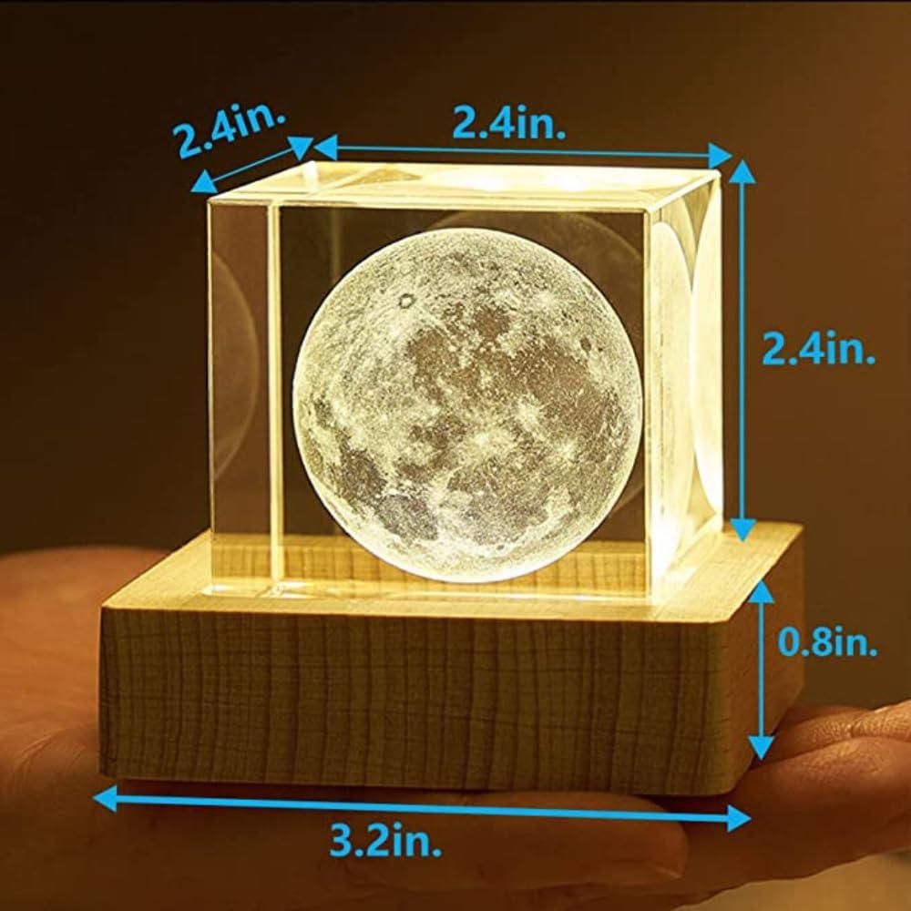 3D Crystal Cube Moon with LED Night Lamp - Modern Space-Themed Night Light