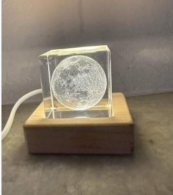 3D Crystal Cube Moon with LED Night Lamp - Modern Space-Themed Night Light