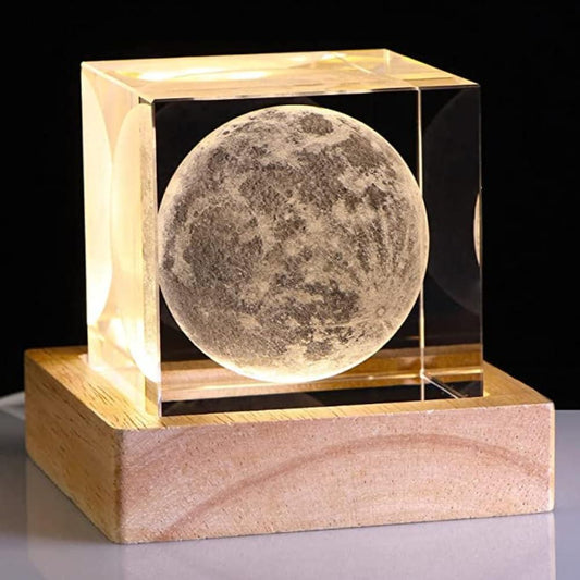 3D Crystal Cube Moon with LED Night Lamp - Modern Space-Themed Night Light